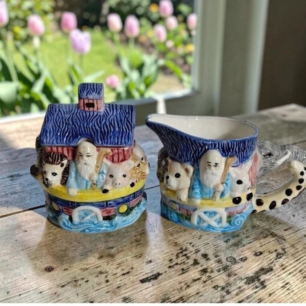 Jay Import Noahs Ark Ceramic Creamer and Sugar Bowl Set Elephant Handle Multi